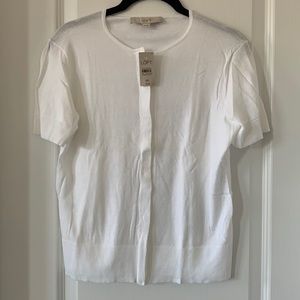 NWT LOFT White 100% Pima Cotton Knit Button Front Short Sleeves Top Size MP